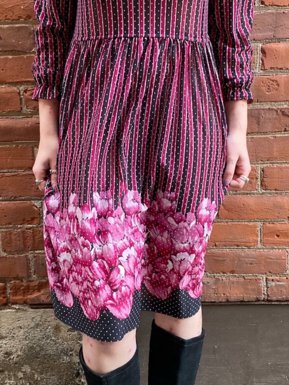 Vintage 1970s Ruffle Collar Polka Dot Striped Floral Dress - Size Medium - Picture 3 of 8